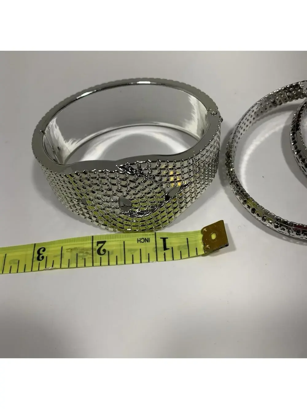 Silver Tone Textured Cuff Bracelet W/ 2 Matching Bangles -Modern Statement Jewel